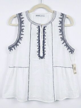 Charming Sleeveless Embroidered Top - White with Black Stitching